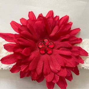 Red flower lace infant headband with sparkly gem accent